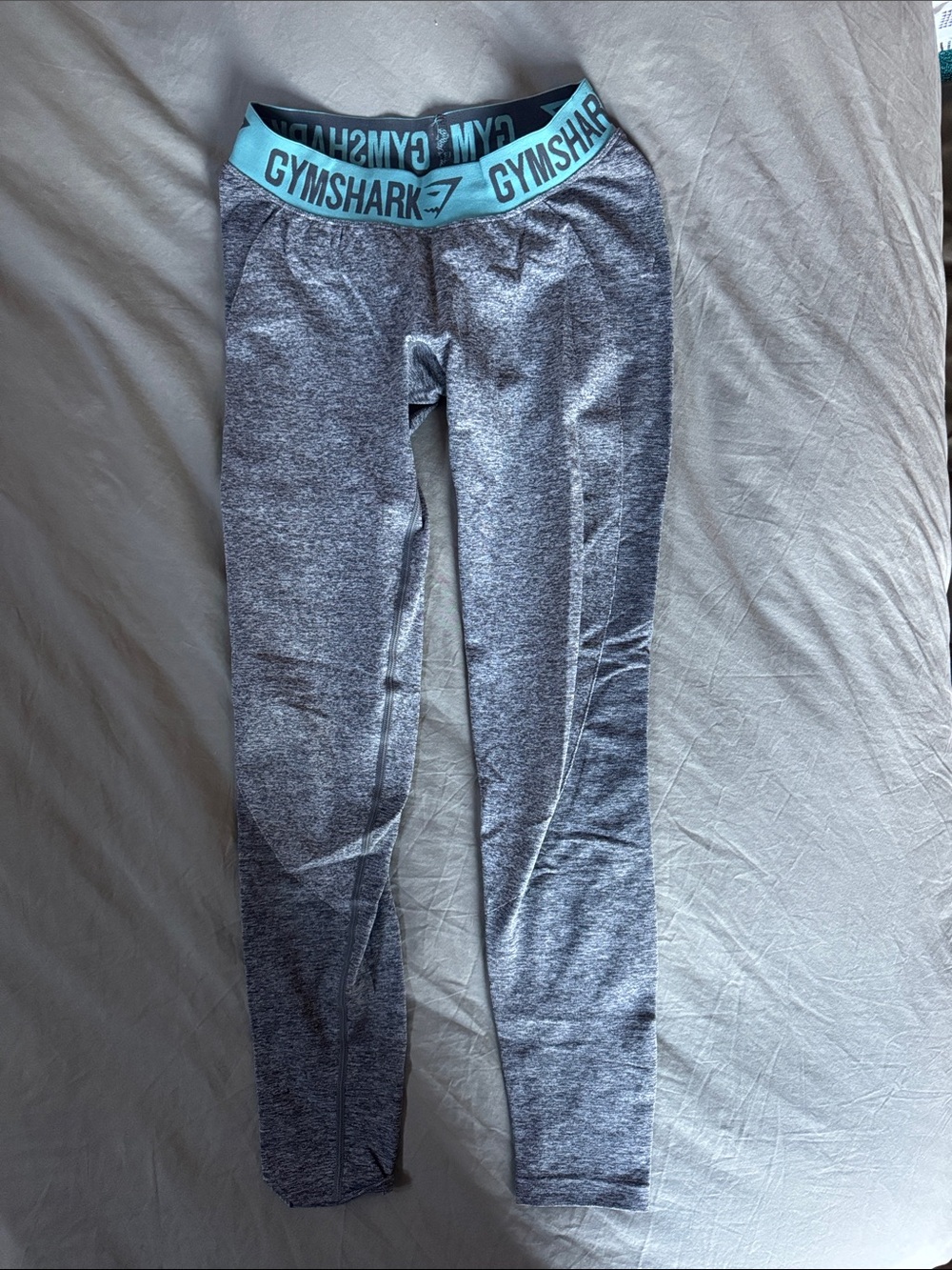Gymshark Kids Grey Seamless Leggings with Light Blue Logo Waistband